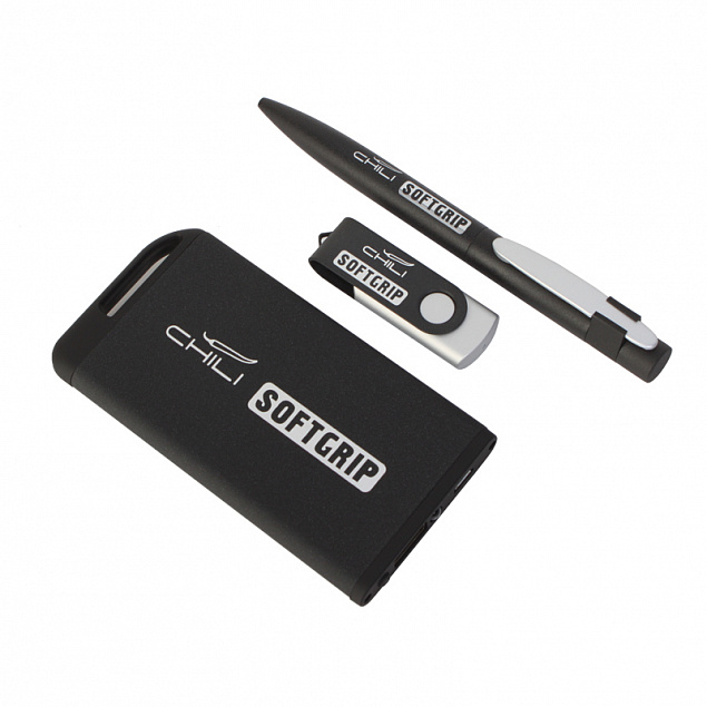 Набор ручка + флеш-карта 16Гб + зарядное устройство 4000 mAh в футляре, покрытие softgrip с логотипом  заказать по выгодной цене в кибермаркете AvroraStore