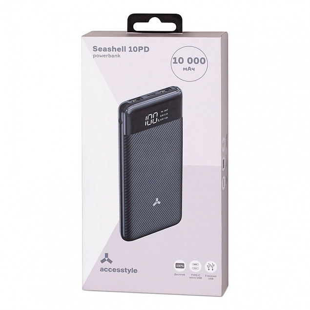 Внешний аккумулятор Accesstyle Seashell (10000 mAh), черный с логотипом  заказать по выгодной цене в кибермаркете AvroraStore