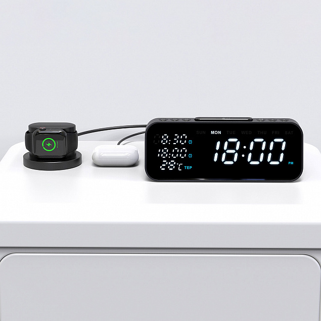 Настольные часы 6в1 с беспроводной зарядкой 10W, Orion, черный цвет с логотипом  заказать по выгодной цене в кибермаркете AvroraStore
