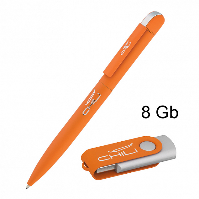 Набор ручка "Jupiter" + флеш-карта "Vostok" 8 Гб в футляре, оранжевый, покрытие soft touch с логотипом  заказать по выгодной цене в кибермаркете AvroraStore