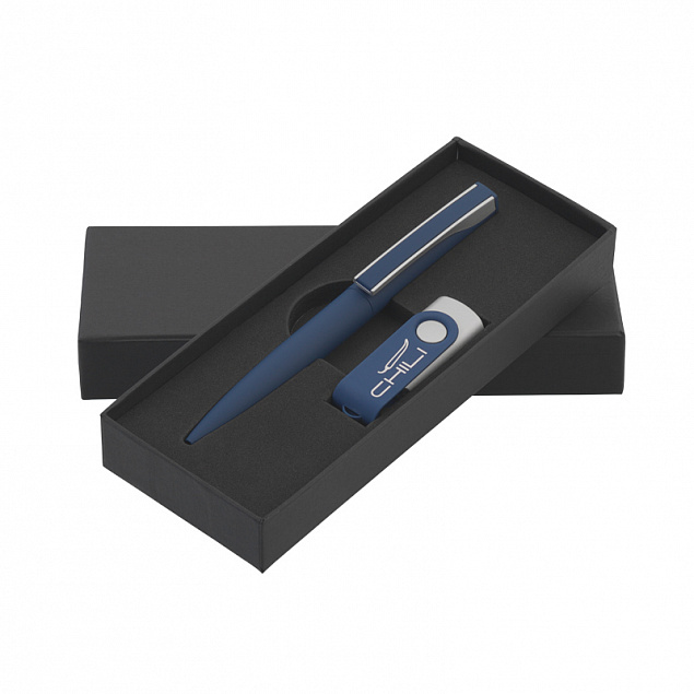 Набор ручка + флеш-карта 16 Гб в футляре, темно-синий, покрытие soft touch с логотипом  заказать по выгодной цене в кибермаркете AvroraStore