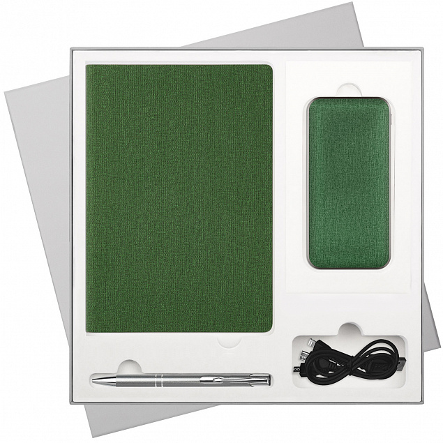 Подарочный набор Tweed, зеленый (ежедневник, ручка, аккумулятор) с логотипом  заказать по выгодной цене в кибермаркете AvroraStore