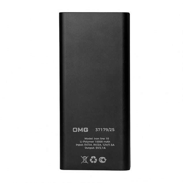 Универсальный аккумулятор OMG Iron line 10 (10000 мАч), металл, черный, 14,7х6.6х1,5 см с логотипом  заказать по выгодной цене в кибермаркете AvroraStore