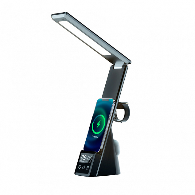 Настольная лампа Zeus с беспроводными зарядками, часами и будильником с логотипом  заказать по выгодной цене в кибермаркете AvroraStore