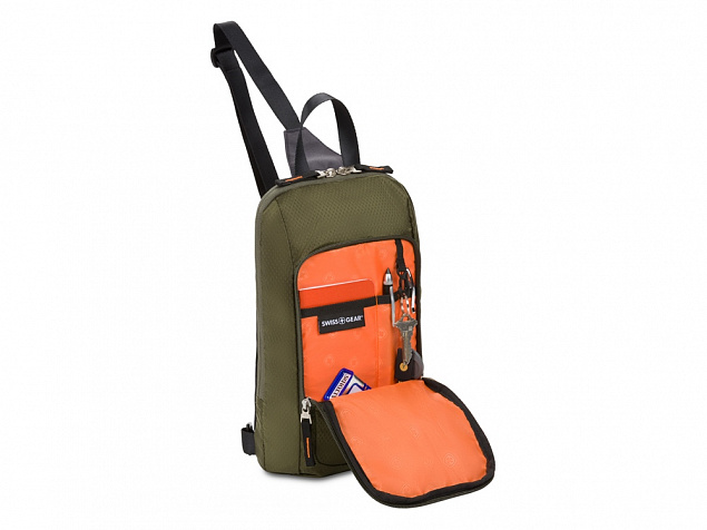Рюкзак SWISSGEAR с одним плечевым ремнем, зеленый/оранжевый, полиэстер рип-стоп, 18 x 5 x 33 см, 4 л с логотипом  заказать по выгодной цене в кибермаркете AvroraStore