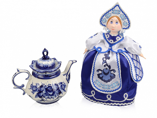Подарочный набор "Гжель": кукла на чайник, чайник заварной с росписью с логотипом  заказать по выгодной цене в кибермаркете AvroraStore