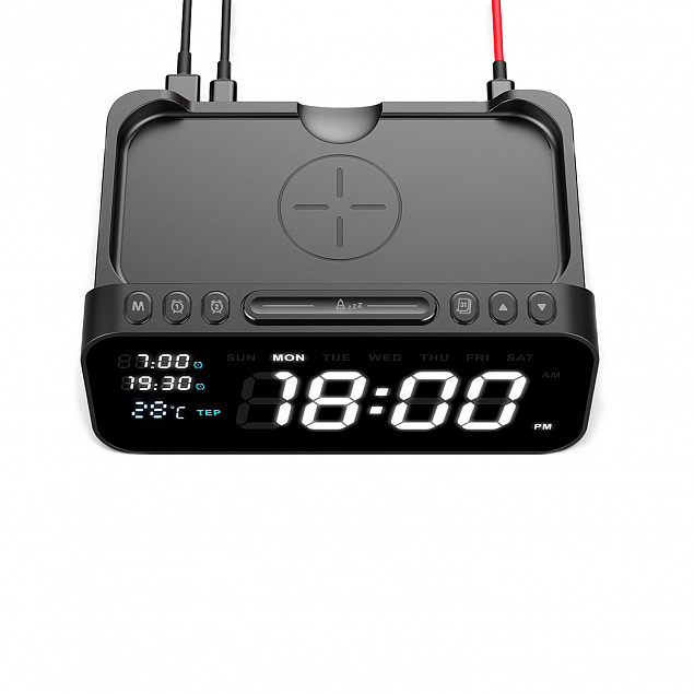 Настольные часы 6в1 с беспроводной зарядкой 10W, Orion, черный цвет с логотипом  заказать по выгодной цене в кибермаркете AvroraStore
