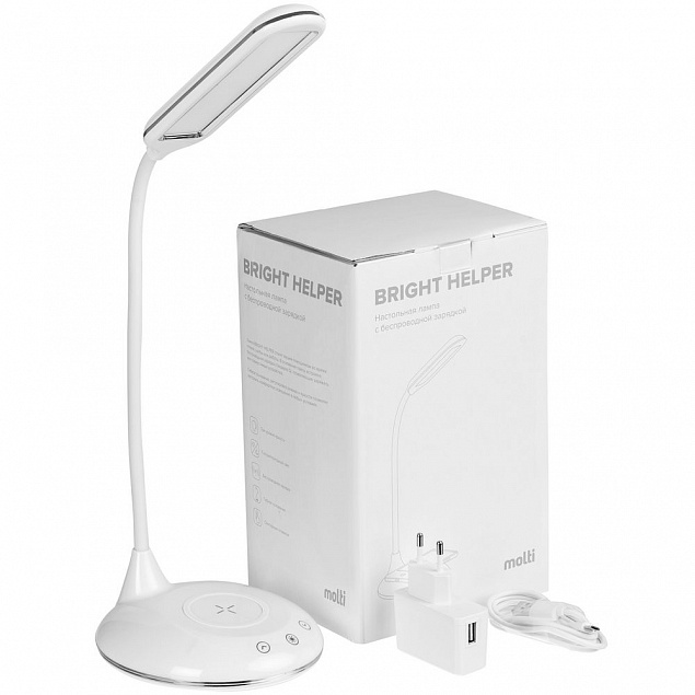 Лампа с беспроводной зарядкой Bright Helper, белая с логотипом  заказать по выгодной цене в кибермаркете AvroraStore