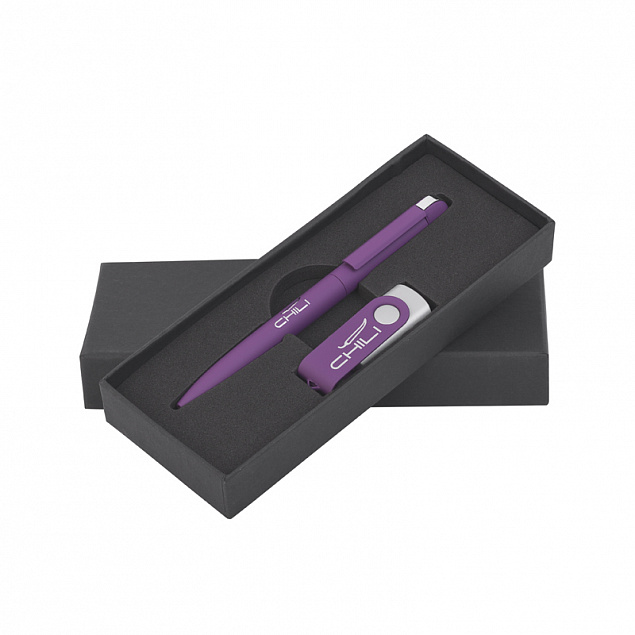 Набор ручка + флеш-карта 16 Гб в футляре, фиолетовый, покрытие soft touch с логотипом  заказать по выгодной цене в кибермаркете AvroraStore