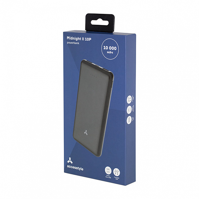 Внешний аккумулятор Accesstyle Midnight II (10000 mAh), черный с логотипом  заказать по выгодной цене в кибермаркете AvroraStore