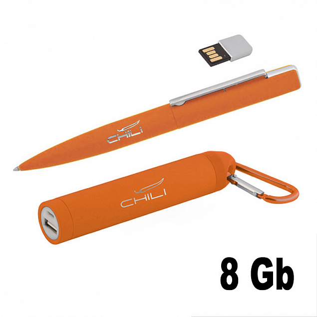Набор ручка c флеш-картой 8Гб + зарядное устройство 2800 mAh в футляре, оранжевый, soft touch с логотипом  заказать по выгодной цене в кибермаркете AvroraStore