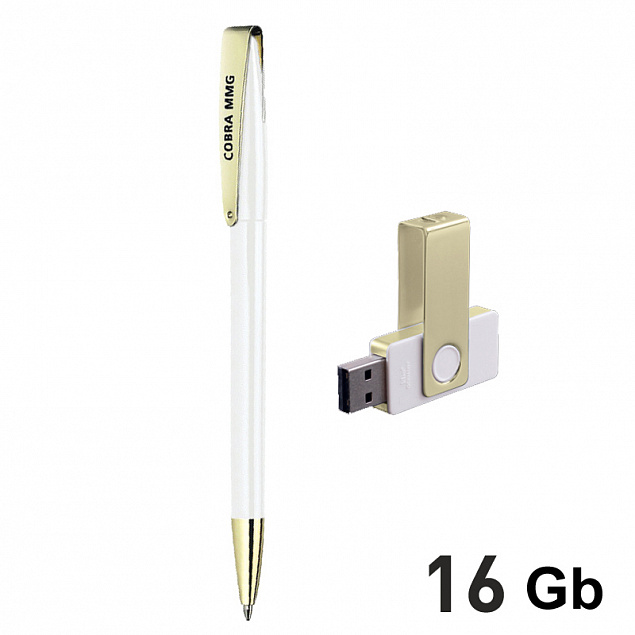 Набор ручка + флеш-карта 16Гб в футляре, белый/золото с логотипом  заказать по выгодной цене в кибермаркете AvroraStore