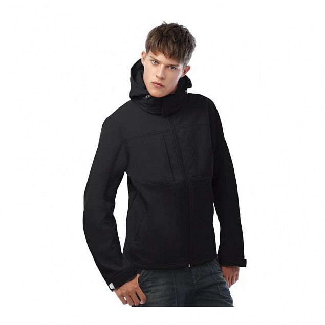 Куртка мужская Hooded Softshell черная с логотипом  заказать по выгодной цене в кибермаркете AvroraStore