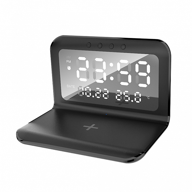 Настольные часы "Smart Time" с беспроводным (15W) зарядным устройством, будильником и термометром, со съёмным дисплеем с логотипом  заказать по выгодной цене в кибермаркете AvroraStore