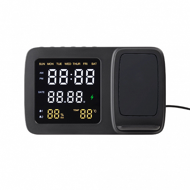 Настольные часы "Smart Screen" с беспроводным (15W) зарядным устройством, гигрометром, термометром, календарём, с подсветкой логотипа с логотипом  заказать по выгодной цене в кибермаркете AvroraStore
