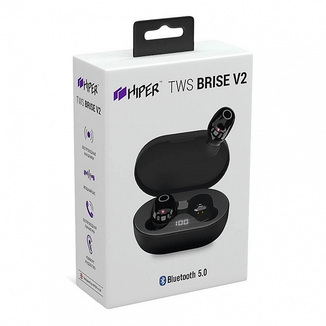 Наушники беспроводные с зарядным боксом HIPER TWS BRISE V2, цвет черный  с логотипом  заказать по выгодной цене в кибермаркете AvroraStore