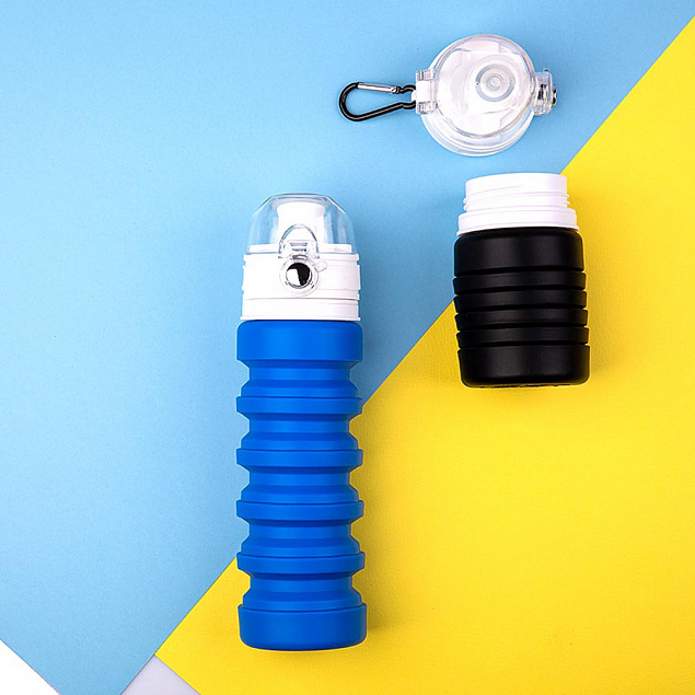 Бутылка для воды складная с карабином SPRING; синяя, 550/250 мл, силикон с логотипом  заказать по выгодной цене в кибермаркете AvroraStore