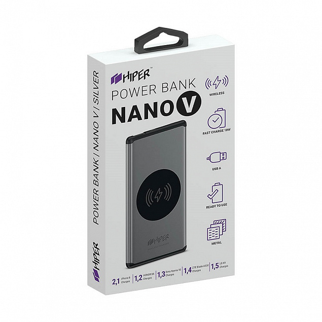 Универсальный аккумулятор NANO V Space Gray 5000 мАч, с беспроводной зарядкой в алюминиевом корпусе с логотипом  заказать по выгодной цене в кибермаркете AvroraStore