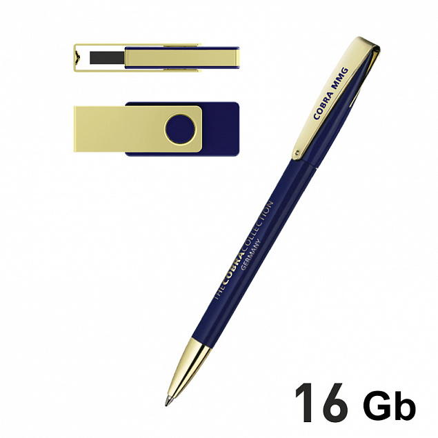 Набор ручка + флеш-карта 16Гб в футляре, темно-синий/золото с логотипом  заказать по выгодной цене в кибермаркете AvroraStore