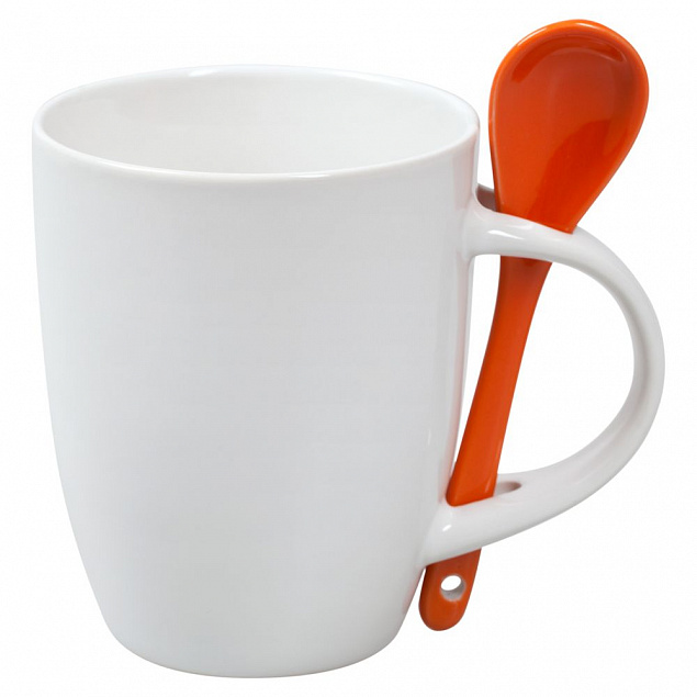 Кружка с ложкой, белая с оранжевой с логотипом  заказать по выгодной цене в кибермаркете AvroraStore