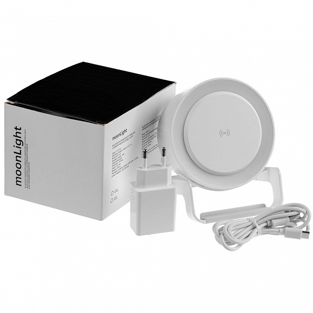 Лампа с колонкой и беспроводной зарядкой moonLight, белая с логотипом  заказать по выгодной цене в кибермаркете AvroraStore