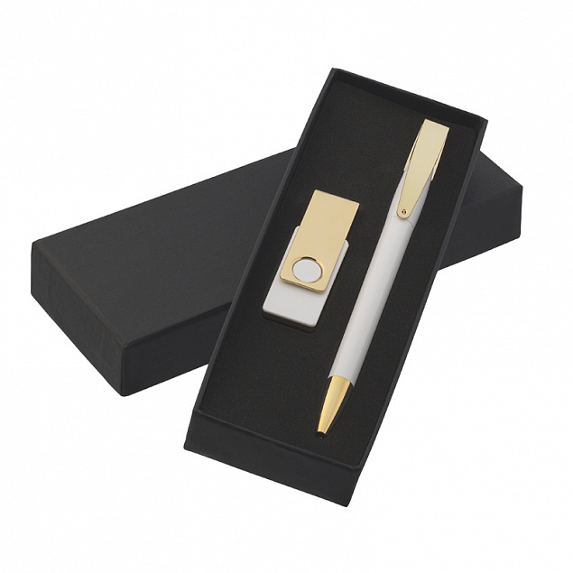 Набор ручка + флеш-карта 16Гб в футляре, белый/золото с логотипом  заказать по выгодной цене в кибермаркете AvroraStore