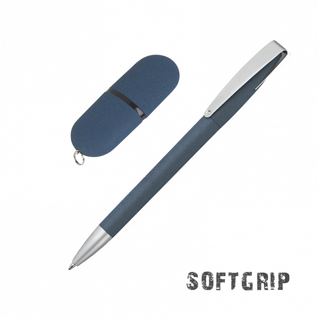 Подарочный набор ручка и флеш-карта, покрытие soft grip, синий с логотипом  заказать по выгодной цене в кибермаркете AvroraStore