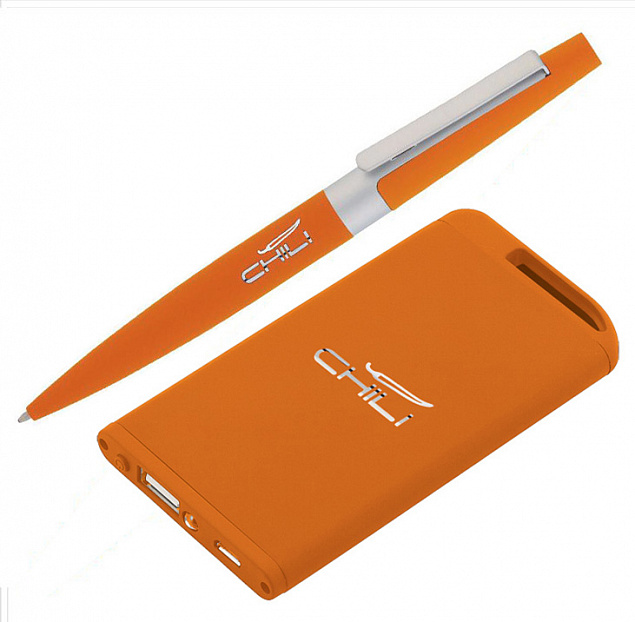 Набор ручка + зарядное устройство 4000 mAh в футляре, оранжевый, покрытие soft touch с логотипом  заказать по выгодной цене в кибермаркете AvroraStore