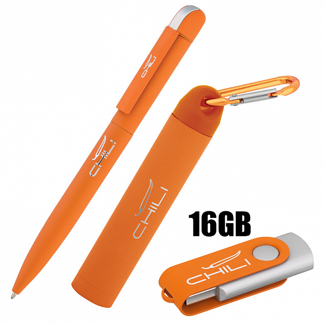 Набор ручка + флеш-карта 16Гб + зарядное устройство 2800 mAh в футляре, оранжевый, покрытие soft tou с логотипом  заказать по выгодной цене в кибермаркете AvroraStore