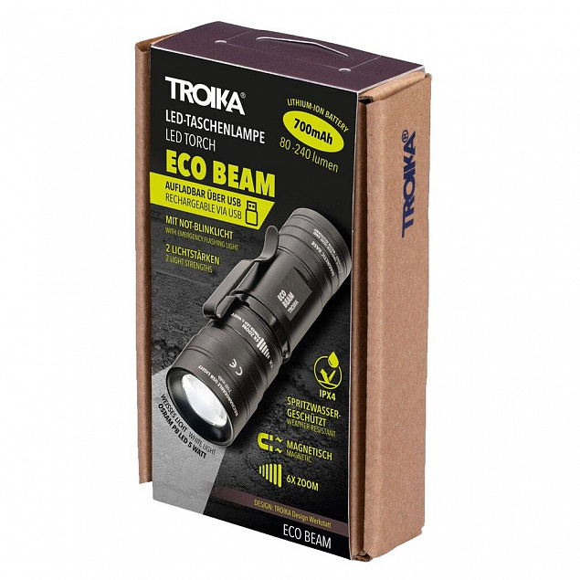Аккумуляторный фонарь Eco Beam, черный с логотипом  заказать по выгодной цене в кибермаркете AvroraStore
