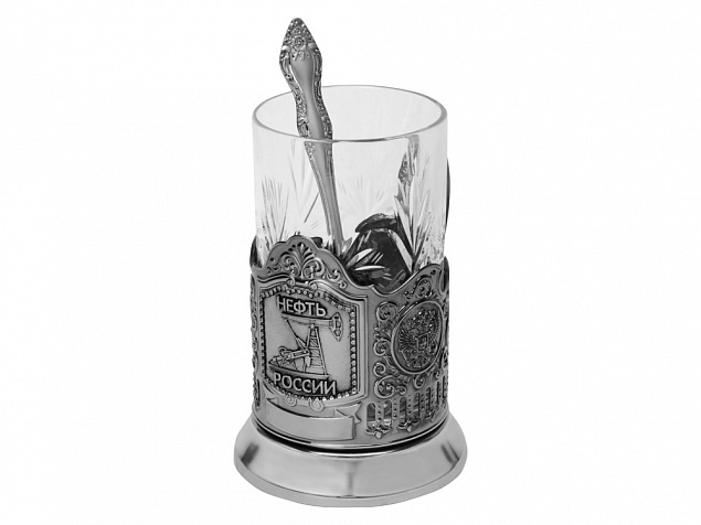 Подстаканник с хрустальным стаканом и ложкой Нефтяной, серебристый/прозрачный с логотипом  заказать по выгодной цене в кибермаркете AvroraStore