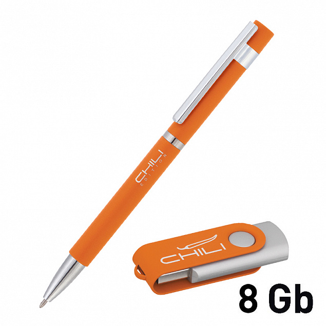 Набор ручка + флеш-карта 8 Гб в футляре, оранжевый, покрытие soft touch с логотипом  заказать по выгодной цене в кибермаркете AvroraStore