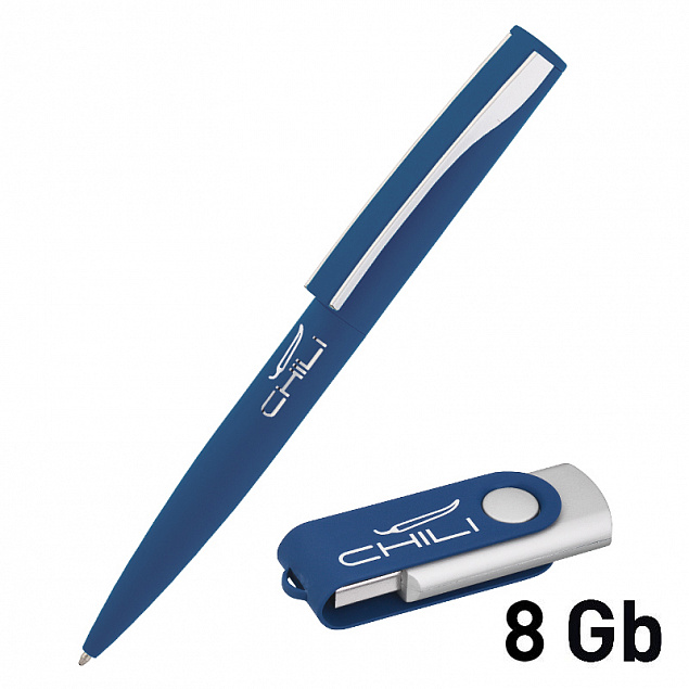 Набор ручка + флеш-карта 8 Гб в футляре, темно-синий, покрытие soft touch с логотипом  заказать по выгодной цене в кибермаркете AvroraStore