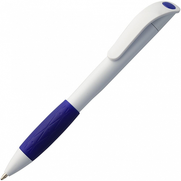 Ручка шариковая Grip, белая с синим с логотипом  заказать по выгодной цене в кибермаркете AvroraStore