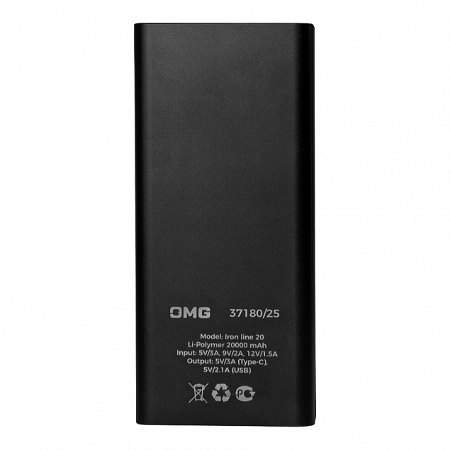 Универсальный аккумулятор OMG Iron line 20 (20000 мАч), металл, черный, 14,7х6.6х2,7 см с логотипом  заказать по выгодной цене в кибермаркете AvroraStore