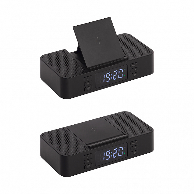 Настольные часы "Smart Box" с bluetooth колонкой (2х3Вт), беспроводным (15W) зарядным устройством и складной подставкой под смартфон с логотипом  заказать по выгодной цене в кибермаркете AvroraStore