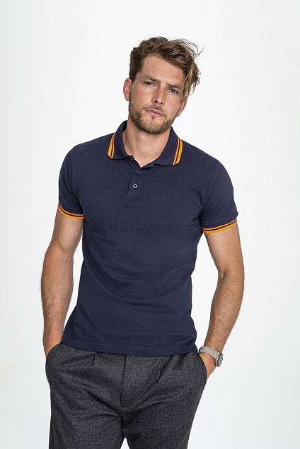 Рубашка поло мужская PASADENA MEN 200 с контрастной отделкой, белая с синим с логотипом  заказать по выгодной цене в кибермаркете AvroraStore