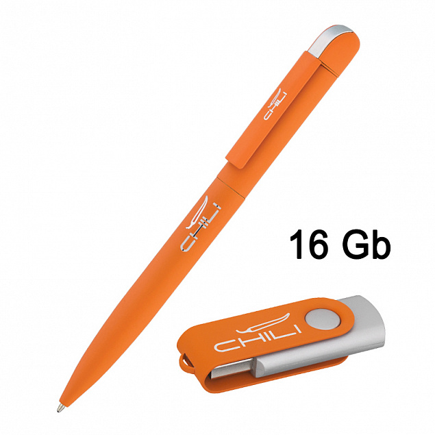 Набор ручка "Jupiter" + флеш-карта "Vostok" 16 Гб в футляре, оранжевый, покрытие soft touch с логотипом  заказать по выгодной цене в кибермаркете AvroraStore