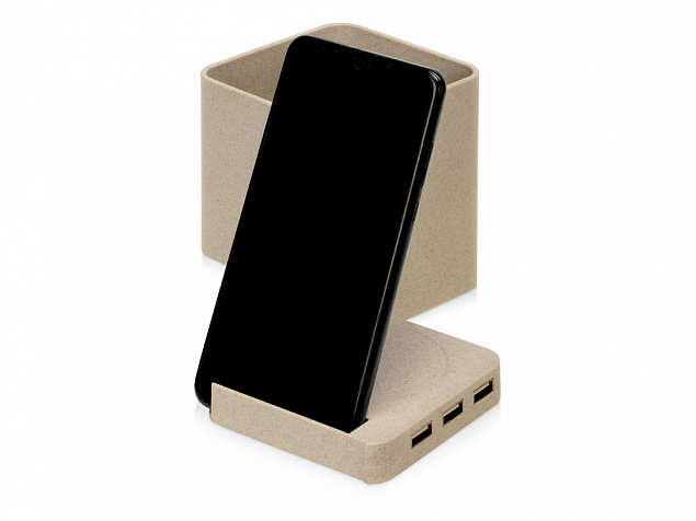 Настольный органайзер Cubic из пшеничного волокна с функцией беспроводной зарядки и выходами USB с логотипом  заказать по выгодной цене в кибермаркете AvroraStore