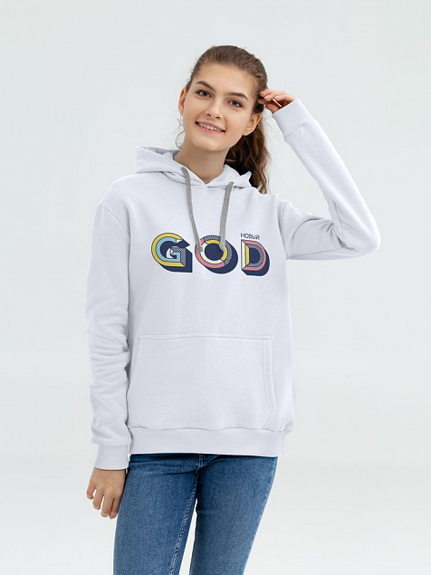 Толстовка с капюшоном «Новый GOD», белая с логотипом  заказать по выгодной цене в кибермаркете AvroraStore