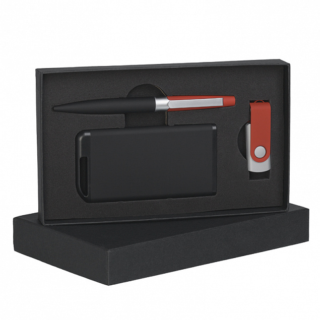 Набор ручка + флеш-карта 8Гб + зарядное устройство 4000 mAh в футляре, черный/красный, soft touch с логотипом  заказать по выгодной цене в кибермаркете AvroraStore