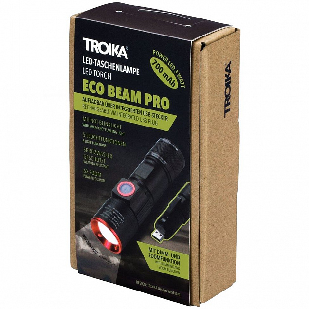 Аккумуляторный фонарь Eco Beam Pro, черный с логотипом  заказать по выгодной цене в кибермаркете AvroraStore