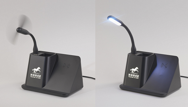 Карандашница "Black Star" с беспроводным (10W) зарядным устройством, вентилятором и лампой, с подсветкой логотипа с логотипом  заказать по выгодной цене в кибермаркете AvroraStore