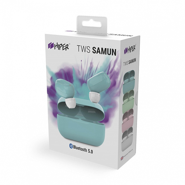 Наушники беспроводные Hiper TWS SAMUN, голубые с логотипом  заказать по выгодной цене в кибермаркете AvroraStore